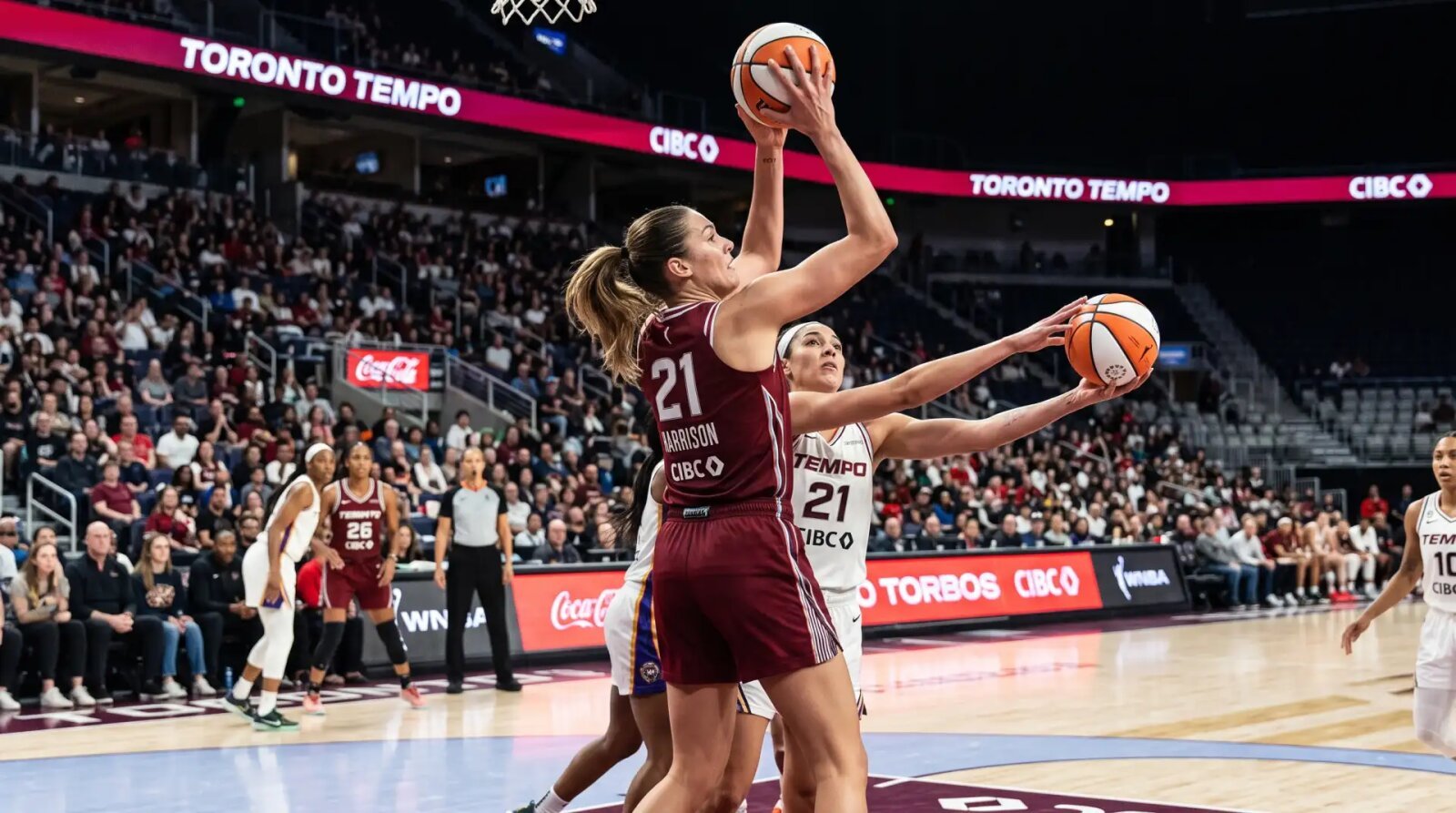 Toronto Tempo forward Isabelle Harrison in uniform during a 2026 WNBA game.