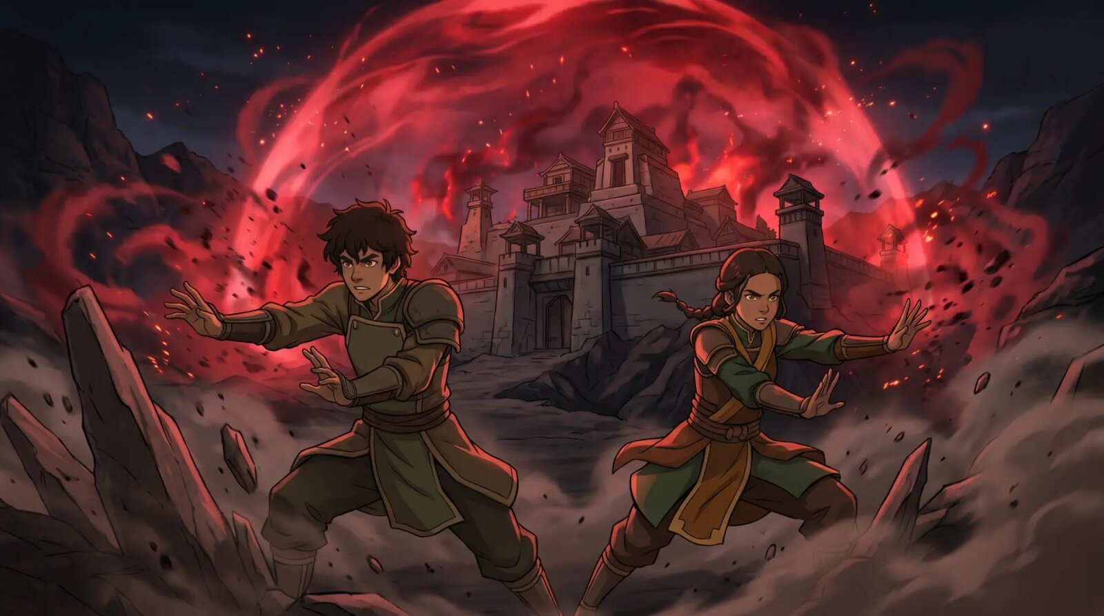 Twin Avatars Pavi and Nisha raise stone defenses against a swirling red spiritual dome in the city of Ellora.
