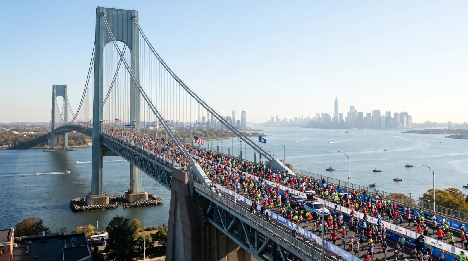 Thousands of marathon runners crossing the Verrazzano-Narrows Bridge at the start of the New York City Marathon.