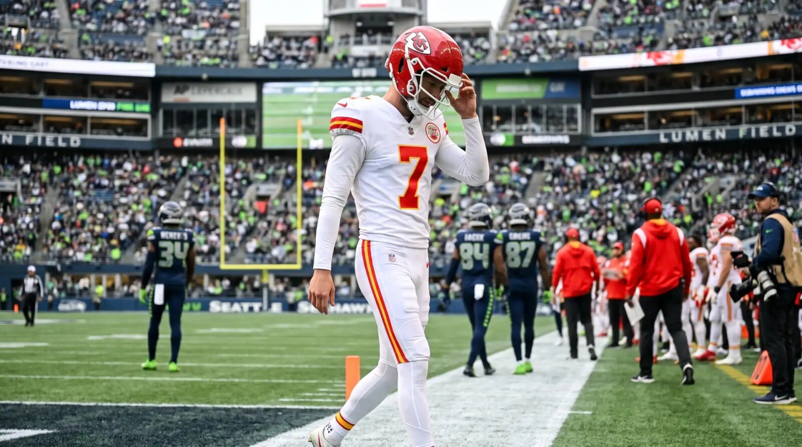Kansas City Chiefs kicker Harrison Butker watches a kick during an NFL regular season game.