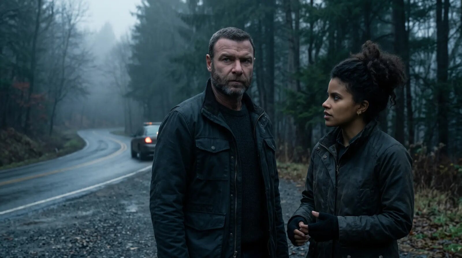 Liev Schreiber and Zazie Beetz in a moody, forested scene from Apple TV's crime series Nocturne.